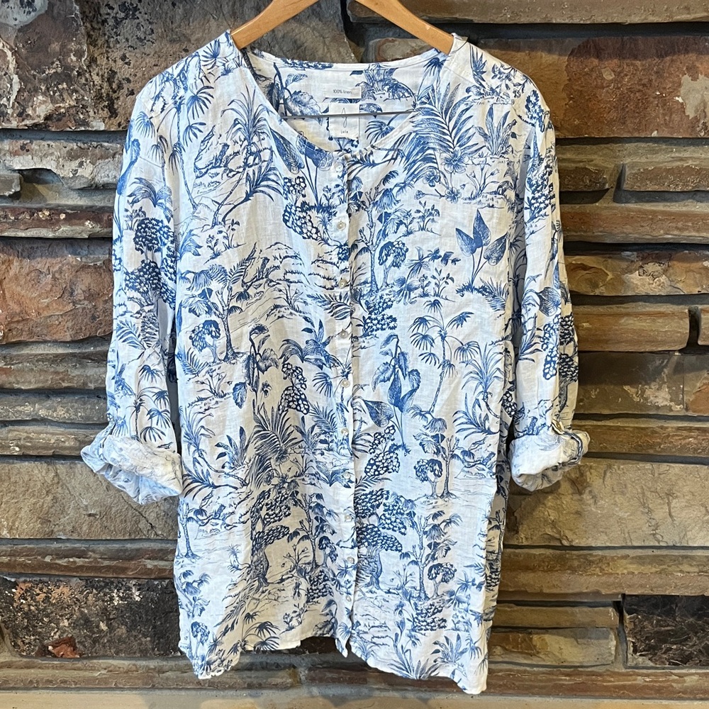 Joie White Button-Down Shirt with Blue Botanical Print